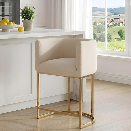 Contemporary Cream Linen Bar Stool, 24" Upholstered Fabric Counter Height Barstool Kitchen Counter Island Stool with Golden Metal Base, Cream
