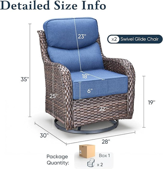 Belord Luxury 6" Thick Cushioned Outdoor Swivel Rocker Patio Chairs of 2, High Back Wicker Patio Furniture Set with Ergonomic Zone Back, Conversation Glider Set for Deck Porch - Brown+Blue