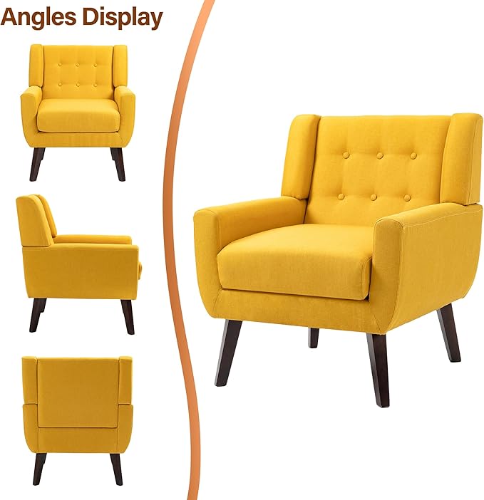 Accent Chair, Modern Fabric Armchair for Living Room, Comfy Upholstered Arm Chair Tufted for Indoor Bedroom Office Room (Yellow)