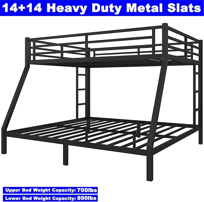 Upgraded Version Thicken Stronger Metal Queen Over King Bunk Bed, Heavy-Duty Best Bunk Bed Queen Over King Size, Bunkbed Frame for Adults with Ladders, Easy Assemble (Queen Over King)