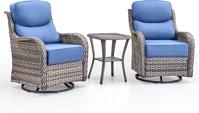 Swivel Patio Chairs Set of 3 with 6" Thick Cushion - Wicker Outdoor Swivel Rocker Patio Chairs with Side Table, High Back Comfortable Outdoor Glider- Grey Wicker | Blue Cushions