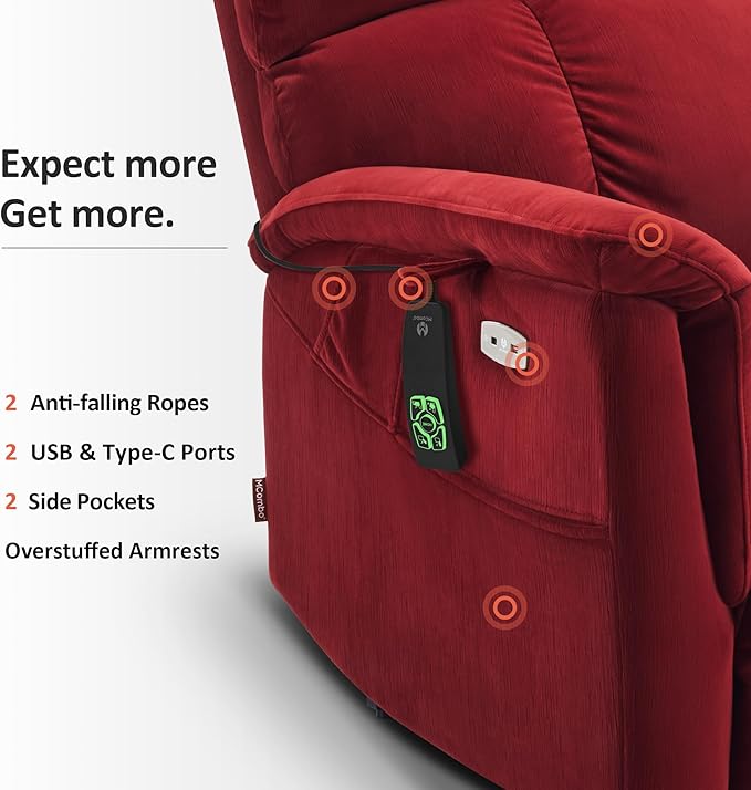 MCombo Large-Wide Dual Motor Power Lift Recliner Chair, Massage and Dual Heating for Elderly People, Infinite Position, Fabric R7166 (Burgundy)