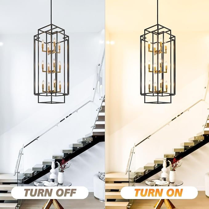 Farmhouse 12-Light Lantern Tiered Pendant Light Fixture - Entryway Chandelier for High Ceilings, Staircase, Hallway (Black and Gold)