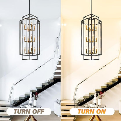 Farmhouse 12-Light Lantern Tiered Pendant Light Fixture - Entryway Chandelier for High Ceilings, Staircase, Hallway (Black and Gold)