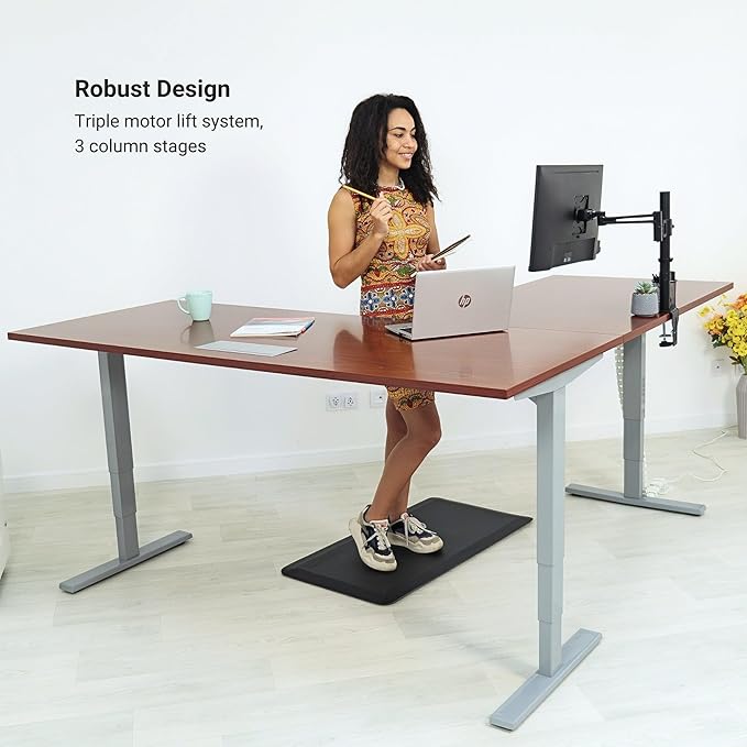 Progressive Desk Stand Up Height Adjustable Standing Desk - L Shaped 85" x 72" Corner Computer Rising Workstation Electric Table - White Frame, Ebony Oak Top