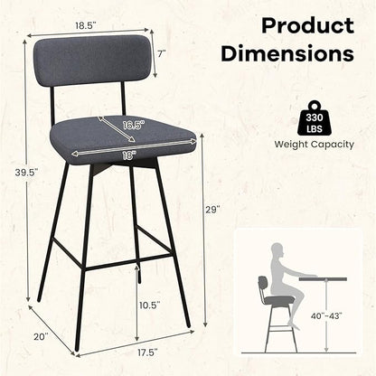 COSTWAY Bar Stools Set of 4, 29” Upholstered Bar Height Chairs with Back, 360° Swivel Dining Chairs with Heavy-Duty Metal Legs and Footrests, for Kitchen Island, Dining Room, Bar (4, Grey)