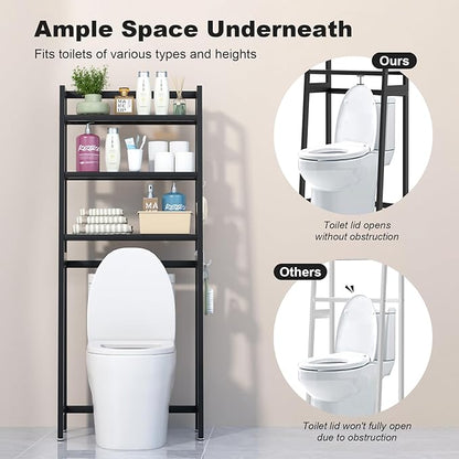 VASMIA Over The Toilet Storage,Bamboo 3-Tier Bathroom Organizer Over Toilet Storage Cabinet,Freestanding Space Saver with 3 Hooks Black