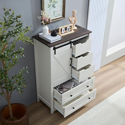 White Dresser for Bedroom with 5 Drawers, 48" Tall w/Sliding Barn Door, Farmhouse 5 Chest of Drawers for Bedroom, Hallway, Living Room, Dining Room, Antique White
