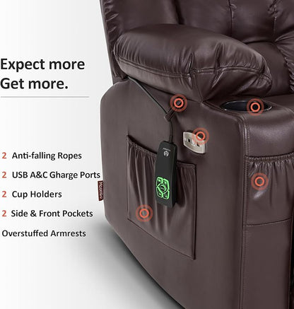 MCombo Dual Motor Small Power Lift Recliner Chair for Elderly, Lay Flat Lift Chair with Heat and Massage, Petite Lift Chair, Cup Holders, Faux Leather 7893 (Dark Brown, Small)