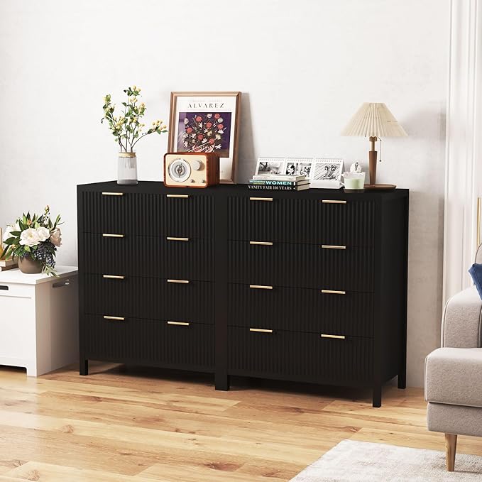 4 Drawer Double Dressers for Bedroom with Waveform Fluted Panel Design, Modern Wide Chest of Drawers,Wood Storage Dresser Chest of Drawers for Bedroom Living Room Hallway Closet, Black 2 Sets