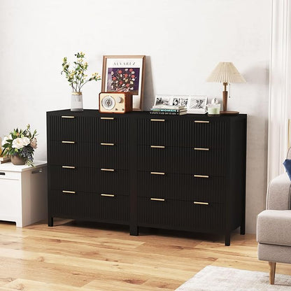 4 Drawer Double Dressers for Bedroom with Waveform Fluted Panel Design, Modern Wide Chest of Drawers,Wood Storage Dresser Chest of Drawers for Bedroom Living Room Hallway Closet, Black 2 Sets