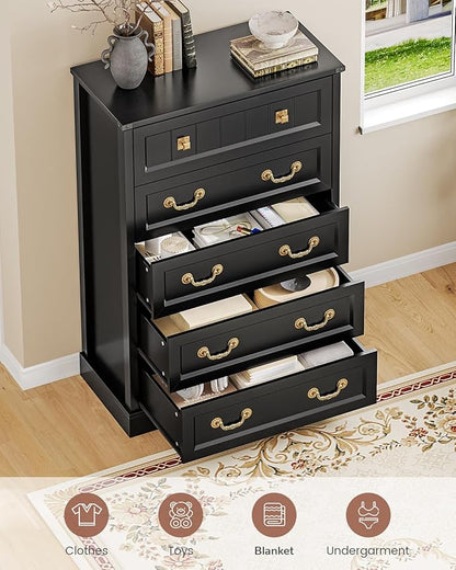 AOGLLATI Farmhouse 5 Drawers Dresser for Bedroom, 48” Tall Wood Rustic Chest of Drawers with Natural Texture, Vintage Design, Black Storage Dresser for Bedroom, Black