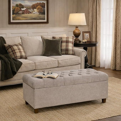 Homepop Home Decor | Tufted Ainsley Button Storage Ottoman Bench with Hinged Lid | Ottoman Bench with Storage for Living Room & Bedroom, Grey