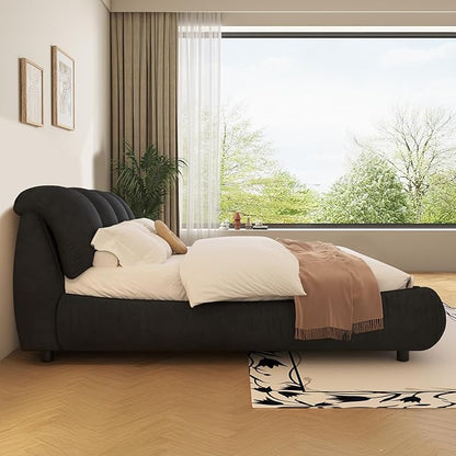 Queen Size Upholstered Platform Bed with Oversized Padded Backrest and Solid Wood Frame for Bedroom, Apartment Room, Black