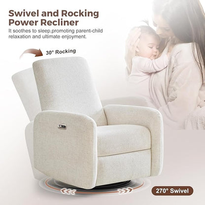 Power Recliner Chair, Swivel Rocker Recliner with USB A/C Charging Ports & Smooth Swivel Motion, Chenille Upholstered Rocking Chair for Nursery,Living Room, Bedroom, 1PC, Cream