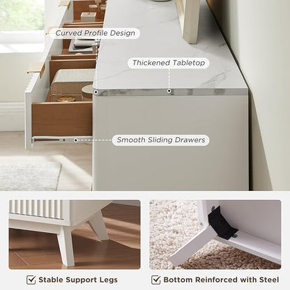 T4TREAM Fluted 9 Drawer Dresser, Modern Chest of Drawers with Faux Marble Top, Curved Profile Design, Dresser TV Stand, Wood Drawer Organizer for Bedroom, Living Room, Hallway, Solid White
