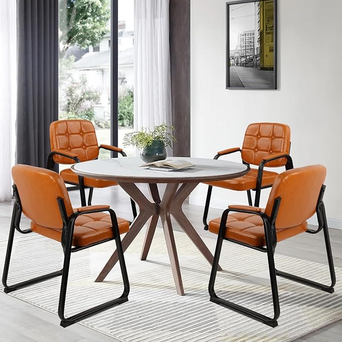 CLATINA Waiting Room Chairs with Padded Arms Leather Guest Chair no Wheels for Office Reception and Conference Desk with Sled Base Orange, 4PK