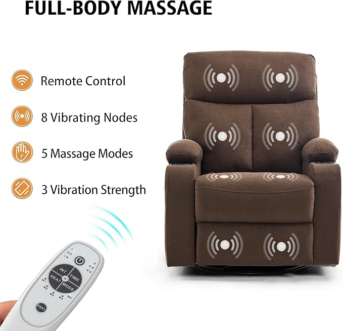 Power Swivel Rocker Recliner Massage Chair for Adults, Electric Rocking Recliner Glider Chairs for Living Room with USB and Type-C Ports,Fabric Reclining Sofa Chair (Mocha Brown)
