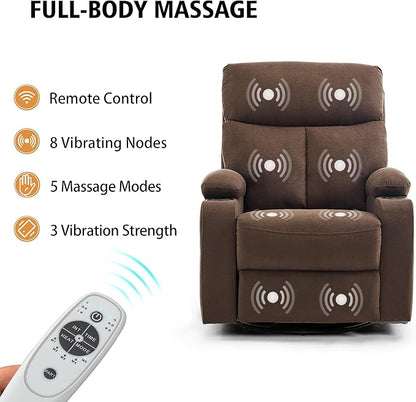 Power Swivel Rocker Recliner Massage Chair for Adults, Electric Rocking Recliner Glider Chairs for Living Room with USB and Type-C Ports,Fabric Reclining Sofa Chair (Mocha Brown)