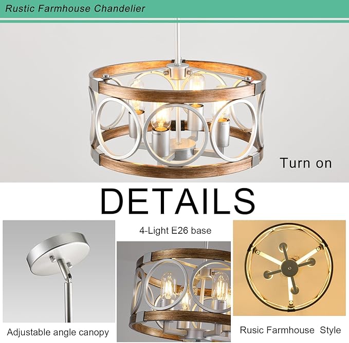 15.7'' Drum Chandelier, 3-Light Adjustable Height Round Dining RoomChandeliers, Silver Light Fixture Ceiling Mount Wood Grain Finish, Farmhouse Ceiling Light Fixture for Hallway