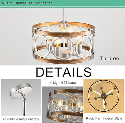 15.7'' Drum Chandelier, 3-Light Adjustable Height Round Dining RoomChandeliers, Silver Light Fixture Ceiling Mount Wood Grain Finish, Farmhouse Ceiling Light Fixture for Hallway