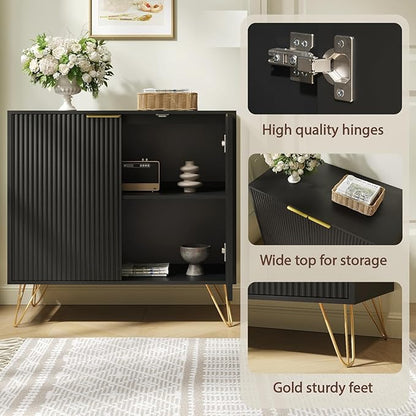 Fluted Storage Cabinet, 2 Doors Sideboard Buffet Cabinet, Modern Wood Accent Table with Adjustable Shelves, Console Table for Living Room, Hallway, Entryway, Black