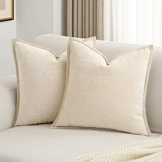 FUTEI Beige Chenille Throw Pillow Covers 24x24 Inch Set of 2,Soft Cozy Bound Edge Design European Cushion Cover,Home Decor for Couch Bed Living Room