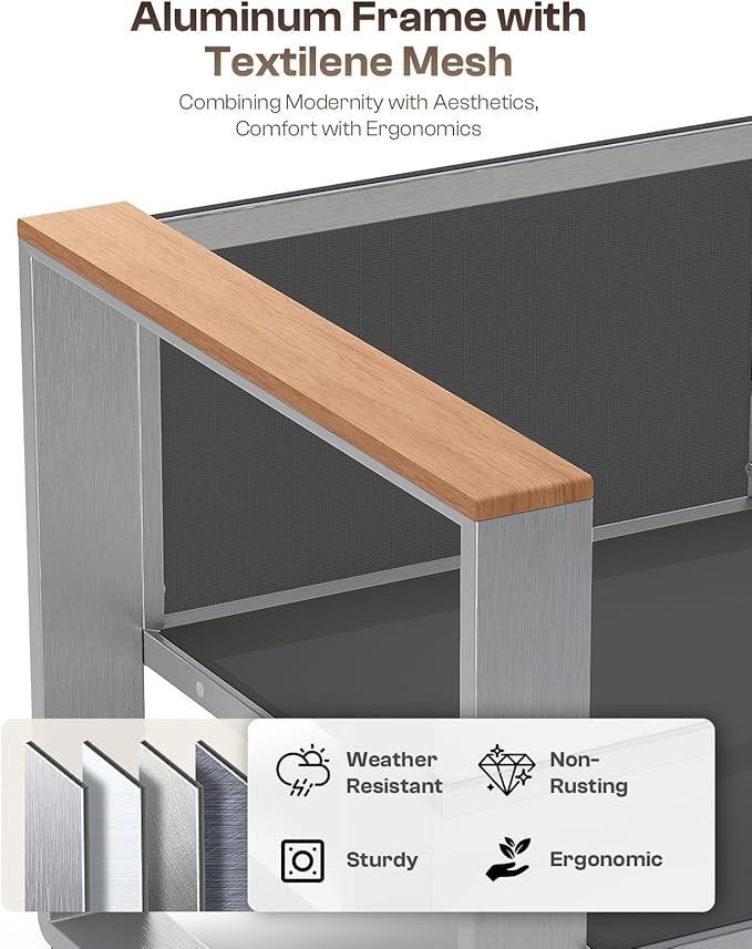 Aluminum Patio Furniture Set, 5 Seats Outdoor Patio Conversation Sets with Ergonomic Seat and Washable Thick Cushions, Modern Outdoor Sectional Furniture for Balcony, Porch (Teak-Charocal)