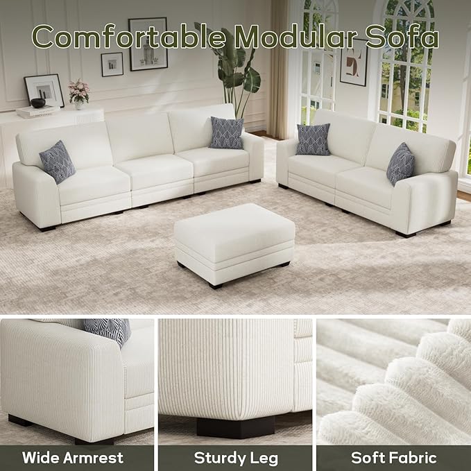 Wanderwell Oversized Modular Sectional Sofa, 6-Seater U Shaped Couches with Movable Ottoman,Corduroy Sectional Couch with Wide and Deep Seats Suitable for Living room,Bedroom,Apartment (Cream, 2+3+OT)