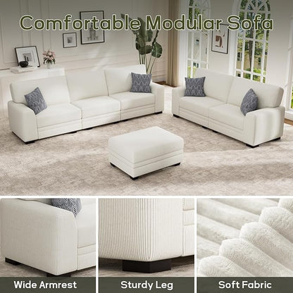 Wanderwell Oversized Modular Sectional Sofa, 6-Seater U Shaped Couches with Movable Ottoman,Corduroy Sectional Couch with Wide and Deep Seats Suitable for Living room,Bedroom,Apartment (Cream, 2+3+OT)
