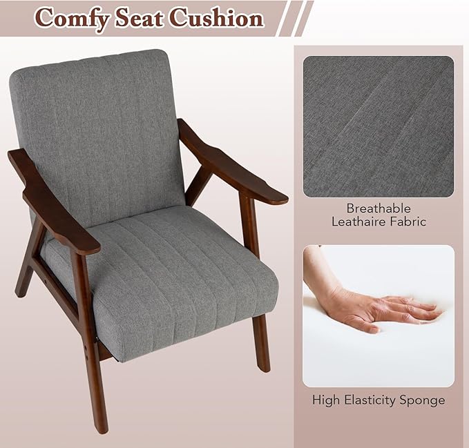 Giantex Mid-Century Modern Accent Chair Set of 2, Upholstered Comfy Living Room Chair with Arms, Anti-slip Felt Pads, Wooden Frame Soft Padded Armchair for Living Room Bedroom Office Study, Light Grey