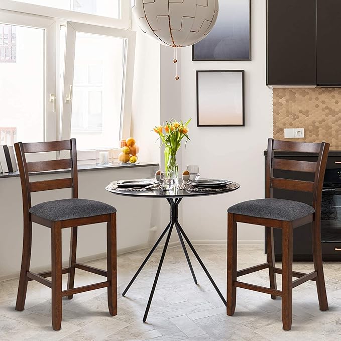 COSTWAY Set of 2 Counter Height Bar Stool, 25.5-Inch Upholstered Bar Stools with Solid Rubber Wood Frame, Foam-Padded Cushion, Footrest, Kitchen Chair for Bistro, Living Room, Grey and Brown
