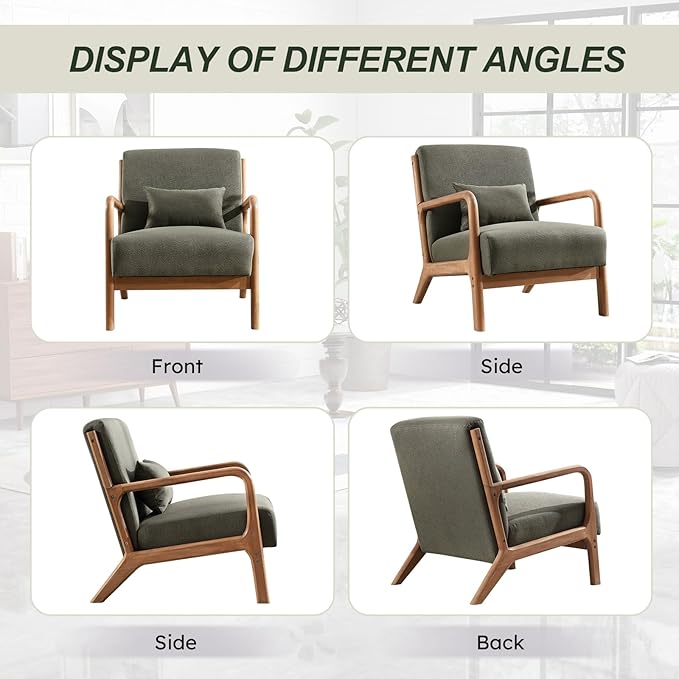 Accent Chair Mid Century Modern Chair Linen Fabric Living Room Chairs with Solid Wood Frame Comfy Upholstered and Lumbar Pillow Reading Side Chair Easy Assembly for Bedroom Room (1, Linen Green)