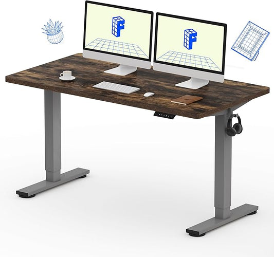 FLEXISPOT EN1 One-Piece Standing Desk 55 x 28 Inches Height Adjustable Electric Desk (Silver Frame + Rustic Top, 2 Packages)