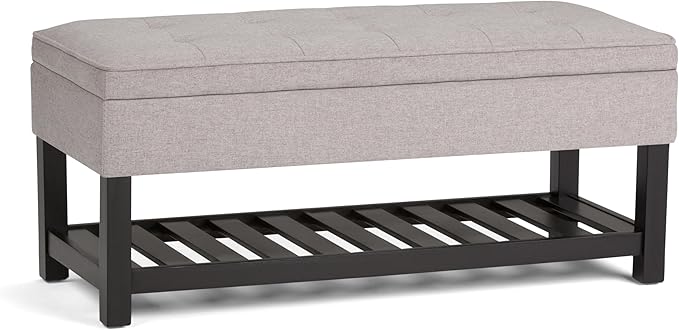 SIMPLIHOME Cosmopolitan 44 inch Wide Transitional Rectangle Storage Ottoman Bench with Open Bottom in Cloud Grey Linen Look Fabric, Assembled for the Living Room and Bedroom
