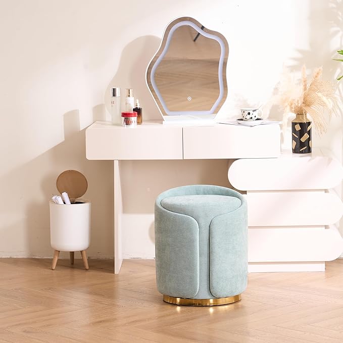 Swivel Vanity Stool with Back Comfy Vanity Chair with Gold Base Modern Round Stool for Makeup Vanity Ottoman Foot Rest for Bedroom livingroom (Sage)