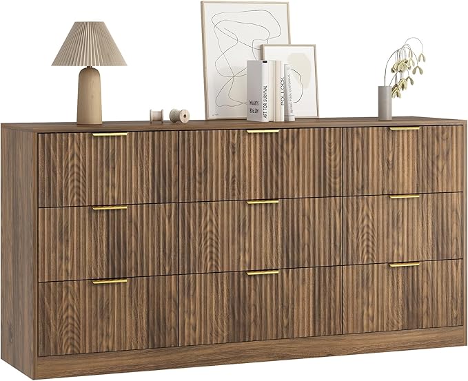 3-Piece Modern Bedroom Furniture Set, Wide 9-Drawer Dresser & 2-Drawer Nightstands Set of 2, Natural Wood Dresser and Nightstand Sets for Bedroom, Hallway, Walnut