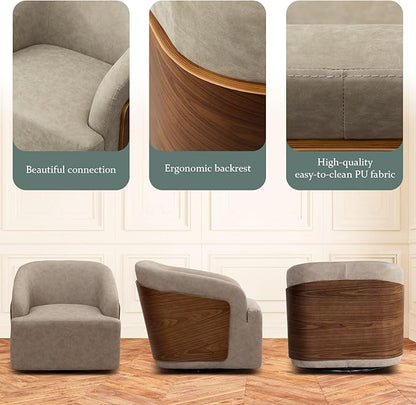 Swivel Accent Chair Faux Leather Boucle Swivel Barrel Chair Comfortable Mid Century Modern Chair Upholstered Metal Base Armchair for Living Room Bedroom Office Large Vintage Gray