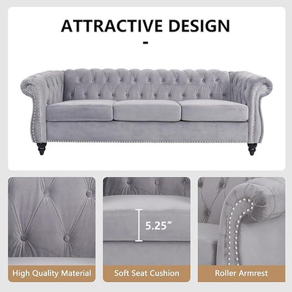 Home Sofa Living Room Furniture, 3 Seater 84" Velvet Upholstered Couch, Mid Century Modern Comfy Couch with Cushions, Classic Tufted Chesterfield Couches for Bedroom, Office, Apartment (Grey)