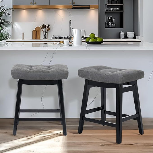 Counter Height Bar Stools Set of 2 for Kitchen Counter Farmhouse Modern Barstools with Faux Leather Upholstered Backless Seat and Solid Wood Legs 24 inch Bar Chairs, Grey + Black