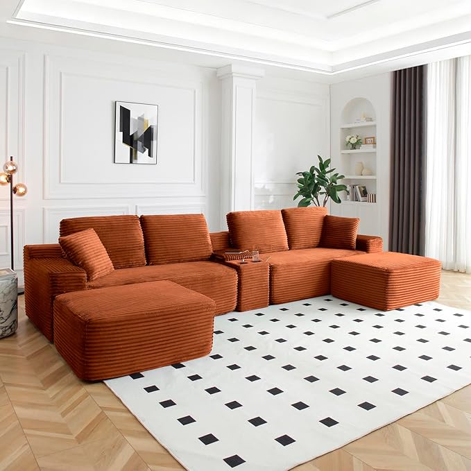 150" Oversized Modular Sectional Sofa,Deep Seat Cloud Corduroy Boneless Couch with Cup Holders,USB Ports, Wireless Charging & Storage Box,Upholstered Modular Sleeper Sofa for Living Room (Orange)