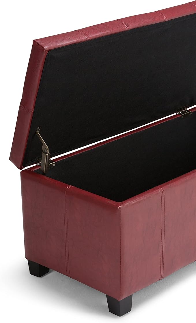 SIMPLIHOME Dover 36 inch Wide Contemporary Rectangle Storage Ottoman Bench in Radicchio Red Vegan Faux Leather, Assembled, for the Living Room, Entryway and Family Room