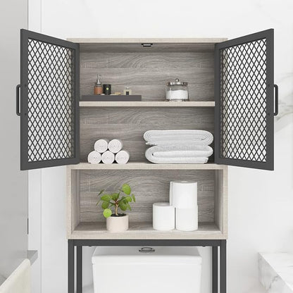 Launica Bathroom Space Saver, Over The Toilet Storage Cabinet, Metal and Wood Industrial Organizer Stand Above Toilet, Freestanding Rack Behind Toilet Wtih Shelf, Light Grey Oak