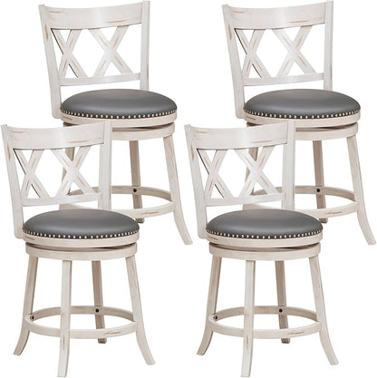COSTWAY Bar Stool Set of 4 for Kitchen Island, 25.5” Swivel Armless Counter Height Stools with 20'' Wider Padded Seat, Ergonomic Curved Backrest, Rubber Wood Frame (4, Antique White + Gray)
