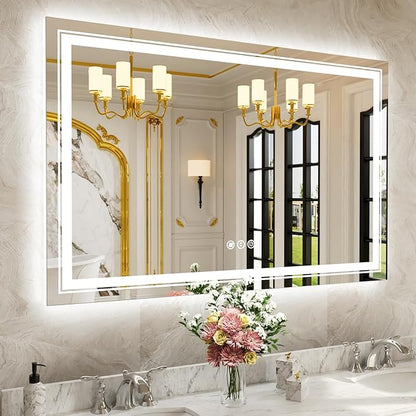 WTTY LED Bathroom Mirror 55"x36" with Back and Front Light,Modern LED Mirror for Bathroom,Stepless Dimmable Lighted Bathroom Vanity Mirror with Anti-Fog,Memory Function,Shatter-Proof