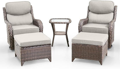 Swivel Patio Chairs sofa Set of 5 with 6" Thick Cushion - Wicker Outdoor Swivel Rocker Patio Chair with Side Table, High Back Comfortable Outdoor Glider Chairs - Brown Wicker | Beige Cushions