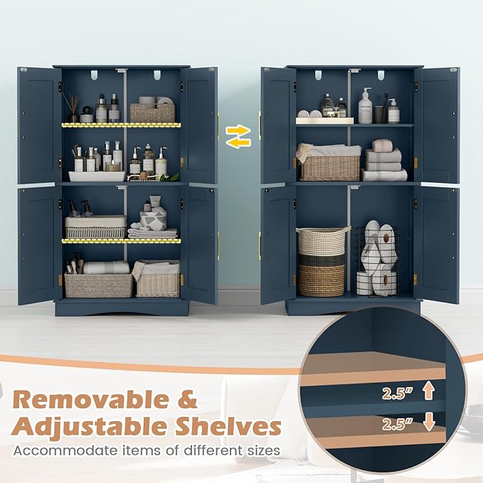 Tangkula Bathroom Floor Storage Cabinet, 43.5" H Freestanding Pantry Cabinet with 4 Doors and 2 Adjustable Shelves, Kitchen Cupboard for Living Room, Dining Room, Bathroom (Navy Blue, 43.5" H)