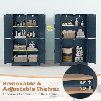 Tangkula Bathroom Floor Storage Cabinet, 43.5" H Freestanding Pantry Cabinet with 4 Doors and 2 Adjustable Shelves, Kitchen Cupboard for Living Room, Dining Room, Bathroom (Navy Blue, 43.5" H)