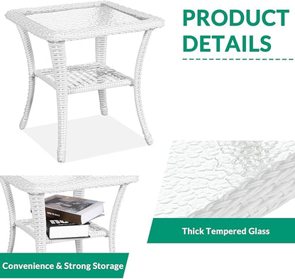 VIVIJASON 3-Piece Outdoor Conversation Bistro Set, Patio Swivel Glider Rocking Chairs Rattan Furniture Sets w/ 2 White Rattan Chairs, Glass Top Side Table for Porch Backyard, Grey Cushions