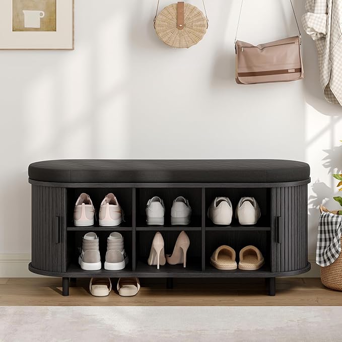 ONBRILL 43" Shoe Bench with Storage, Fluted Shoe Storage Bench with Cushion, Sliding Door and Adjustable Shelf, for Entryway, Hallway, Living Room (Black)